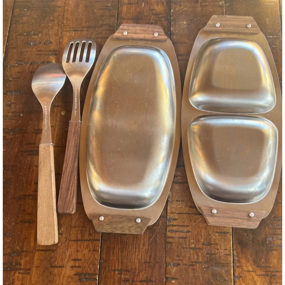 MID CENTURY MODERN‎ Vintage Stainless Steel & Wood Trays JAPAN & Utensils Relish